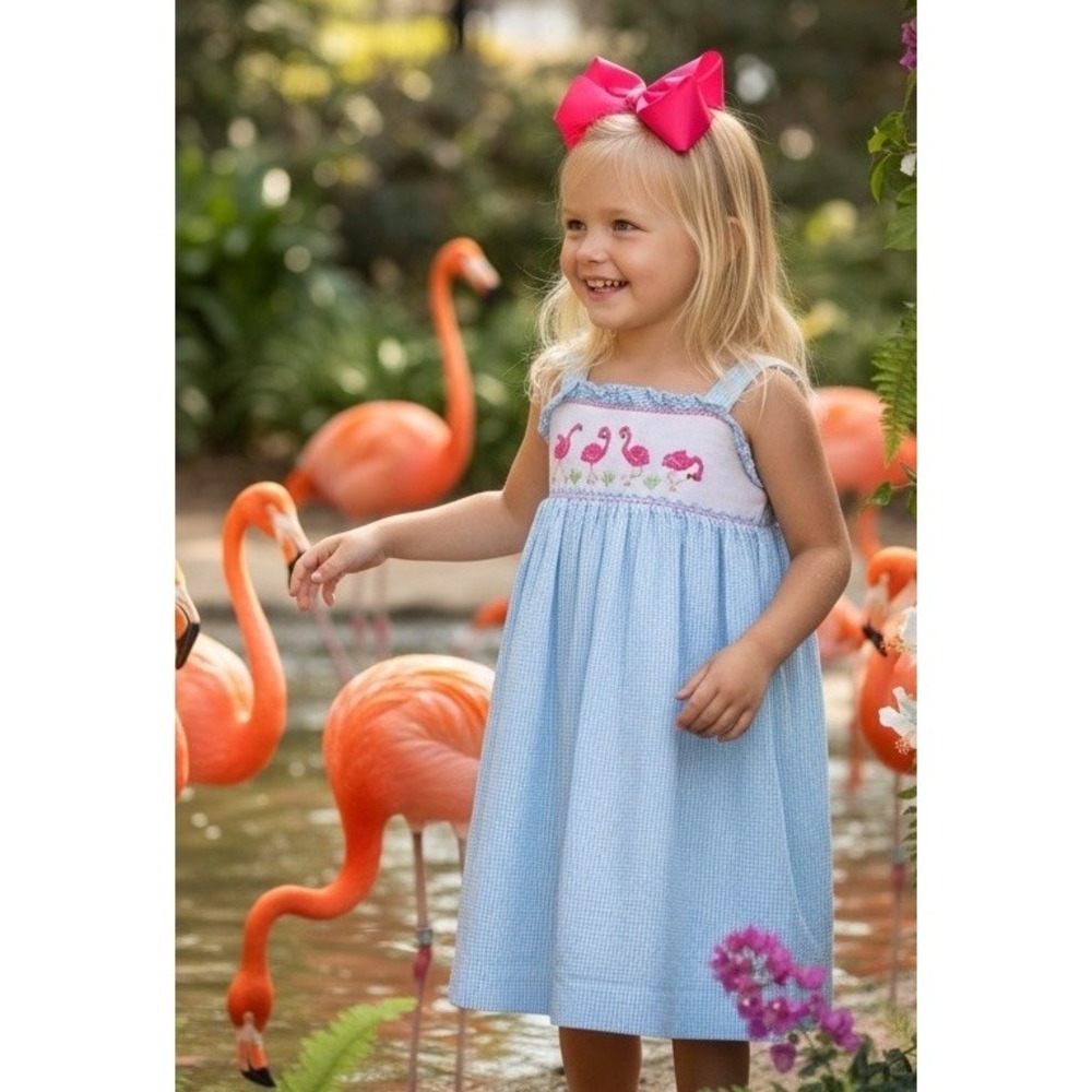 LULU BEBE Girls Size 3 3T Blue Pink Flamingos Gingham Smocked Jackie Sun Dress
